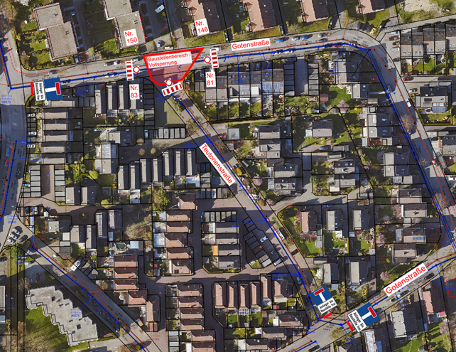 Luftbild zu den Baumaßnahmen in der Gotenstraße.